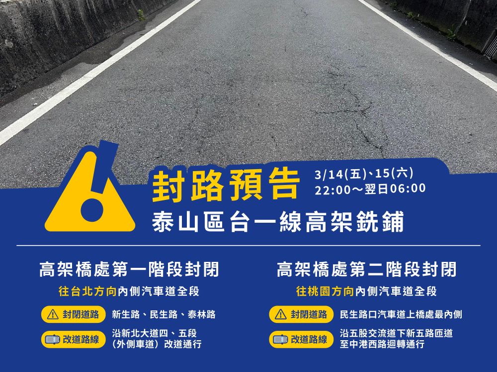 《圖說》泰山區台一線高架道路鋪面,將分施工分為二階段。〈工務局提供〉