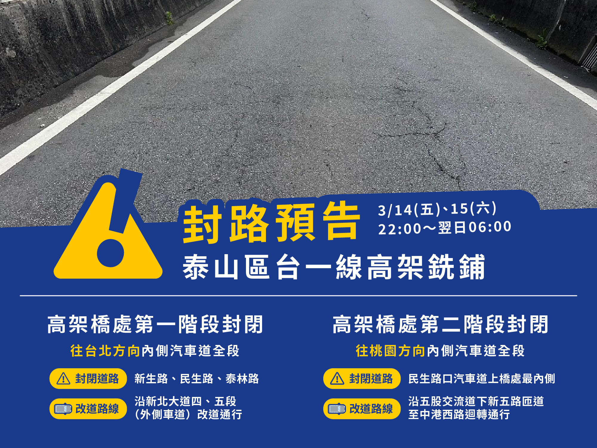 泰山區台一線高架道路銑鋪工程 3月14至16日夜間封路 - https://www.watchmedia01.com