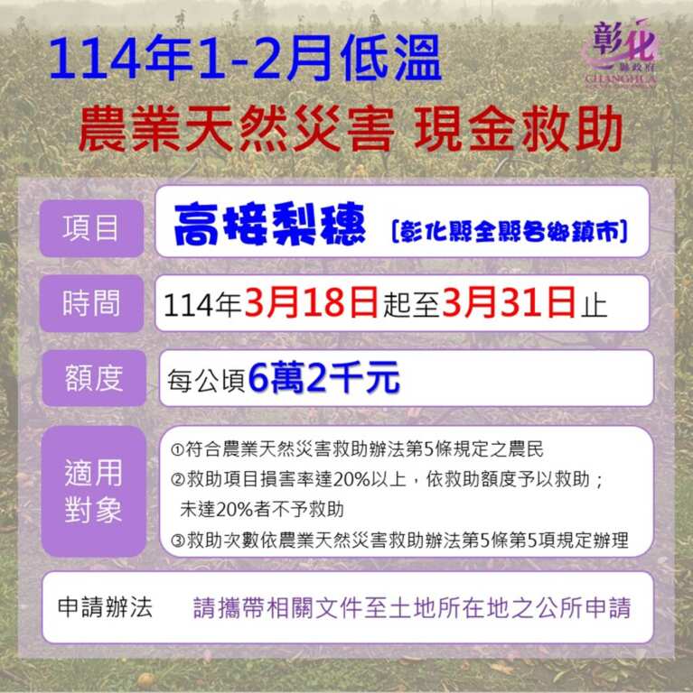 ▲農民朋友務必把握申請期限，相關細節可向土地所在公所或農會洽詢，以免錯過救助機會。（彰化縣政府提供）