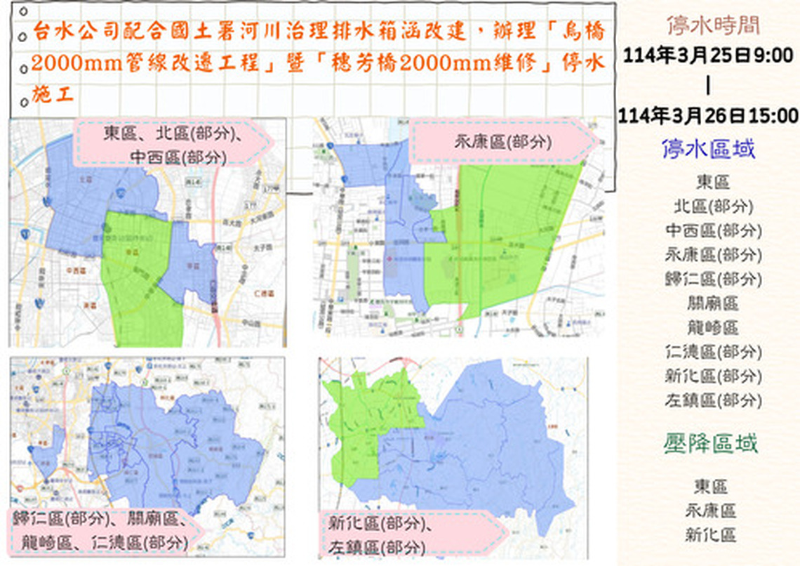 台南10區25日停水壓降30小時影響24萬戶