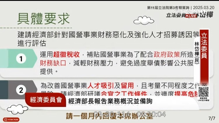 林岱樺強調,國營事業員工在颱風及災害發生時維持民生穩定,理應獲得合理的報酬與危險加給。。(圖/國會頻道)