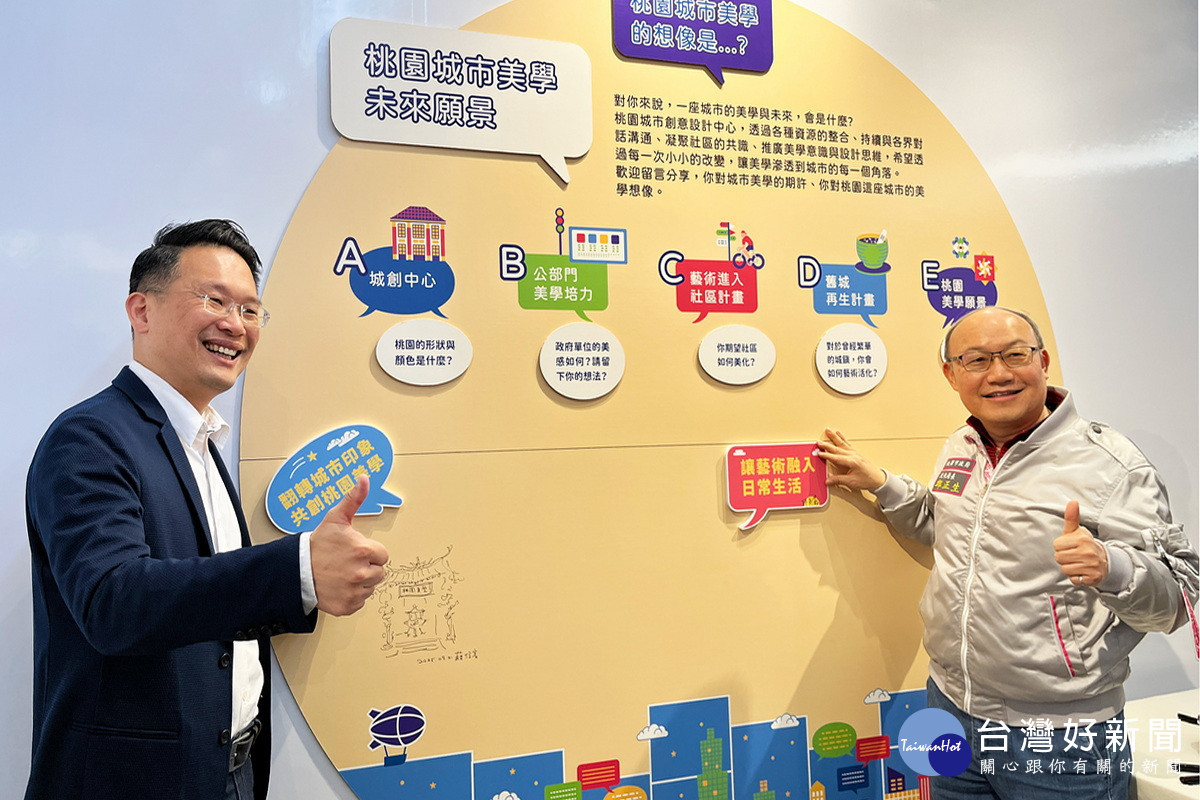 桃園市副市長蘇俊賓、文化局長邱正生於特展開幕簽名 。<br /><br />