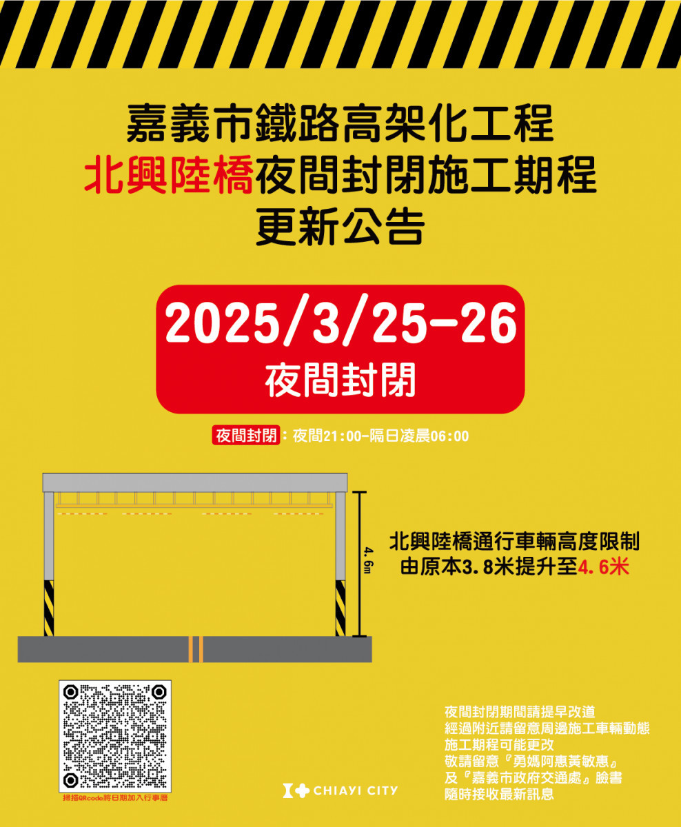 配合鐵高施工，嘉義市北興陸橋3/25、26夜間全線封閉／嘉義市府提供