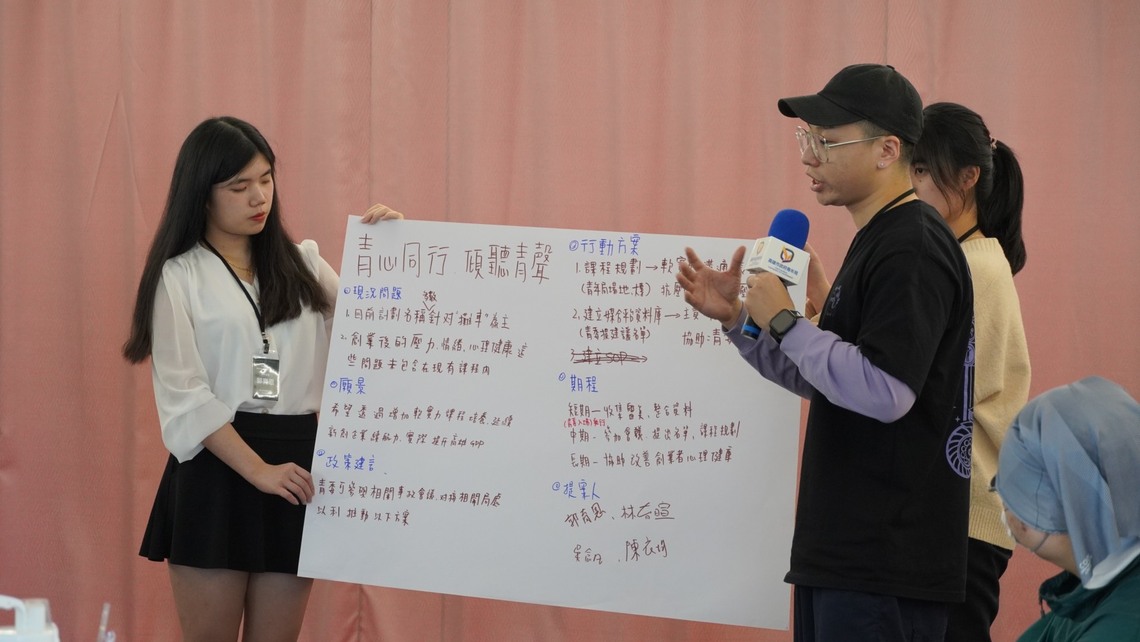 參加提案工作坊的青年委員針對經濟發展、教育文化、公共參與、社會安全與宜居城市等面向分組討論,透過腦力激盪、策略規劃與系統化整理,以簡明有力的方式發表提案。(青年局提供)
