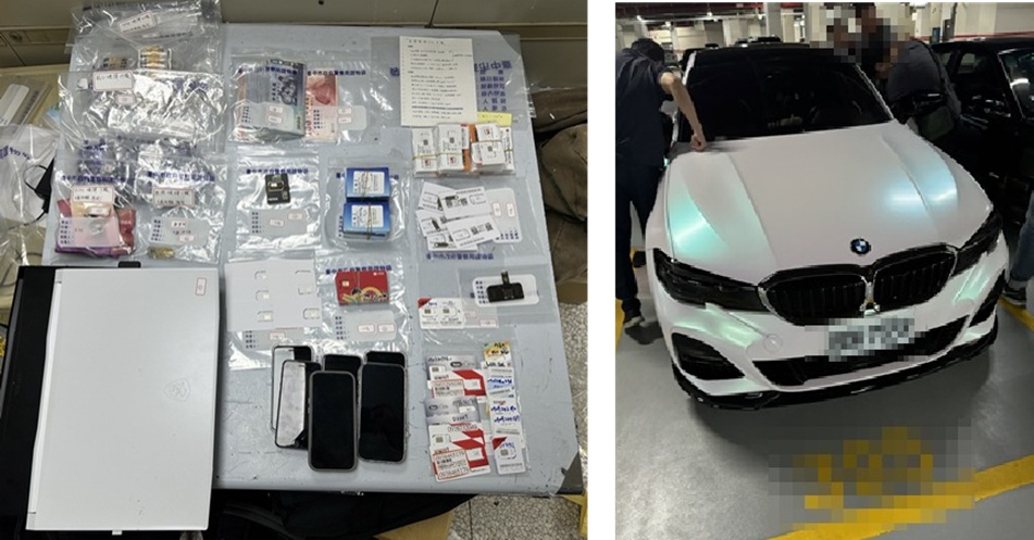 ▲圖說：警方查扣人頭SIM卡、黑莓卡，筆電、SIM卡轉接器、BMW汽車及現金7萬餘元等贓證物 （圖／台中市政府 提供）