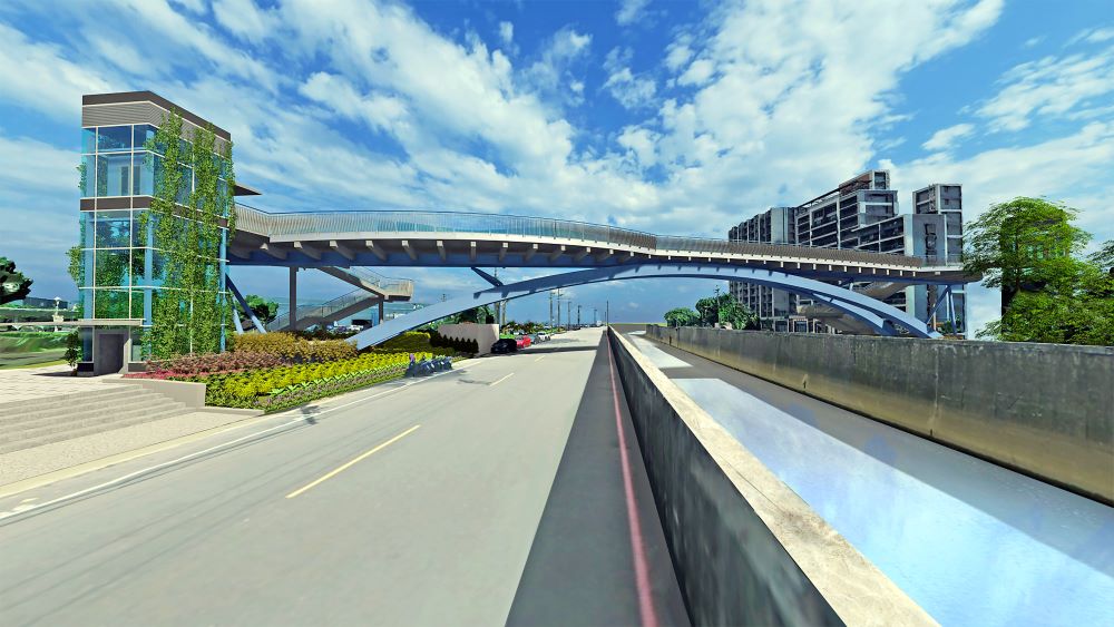 《圖說》橋梁基座橫跨兩岸,兼顧防洪無阻礙排水情事模擬圖。〈水利局提供〉