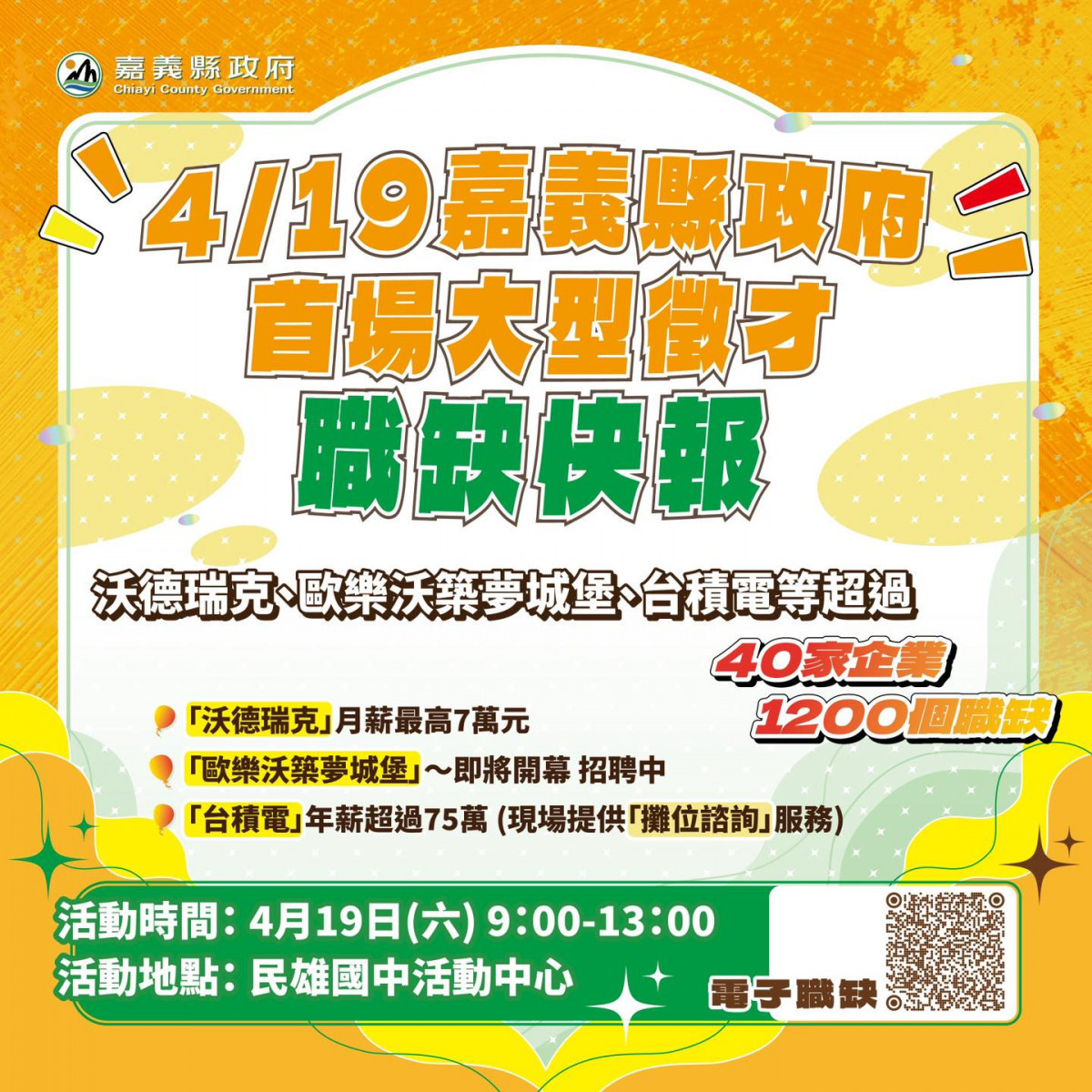 嘉義縣政府4月19日(六)將在民雄國中活動中心舉辦今年度首場大型徵才活動／嘉義縣府提供