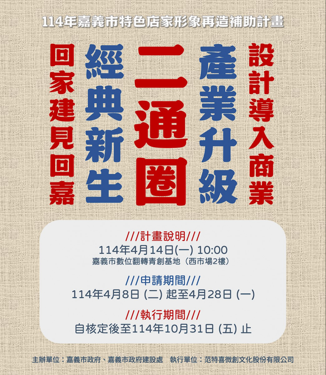嘉義市114年「特色店家形象再造補助計畫」今年預計遴選至少5家特色店家,提供最高80萬元補助/嘉義市府提供