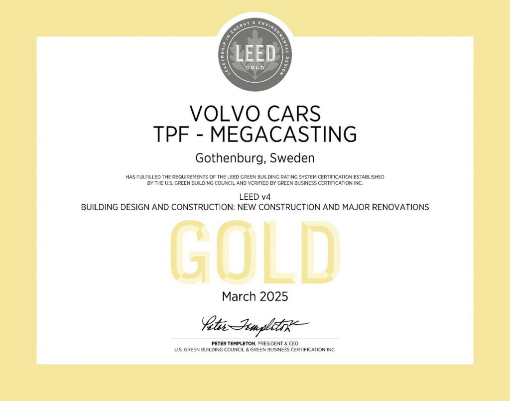 VOLVO 位於瑞典托斯蘭達 (Torslanda) 的 Megacasting 建築正式獲頒LEED Gold 黃金級綠建築認證。