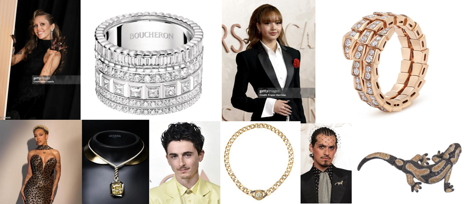 上列左至右：Miley Cyrus佩戴Boucheron Quatre Radiant Edition系列鑽石戒指、Lisa佩戴Bvlgari Serpenti Viper系列鑽石戒指 下列左至右：Doja Cat佩戴Messika Solar Diva高級珠寶鑽石項鍊、Timothée Chalamet佩戴Cartier鑽石項鍊、Omar Apollo佩戴Chopard蜥蜴鑽石胸針 亮相第97屆奧斯卡頒獎典禮（圖片來源於網絡）