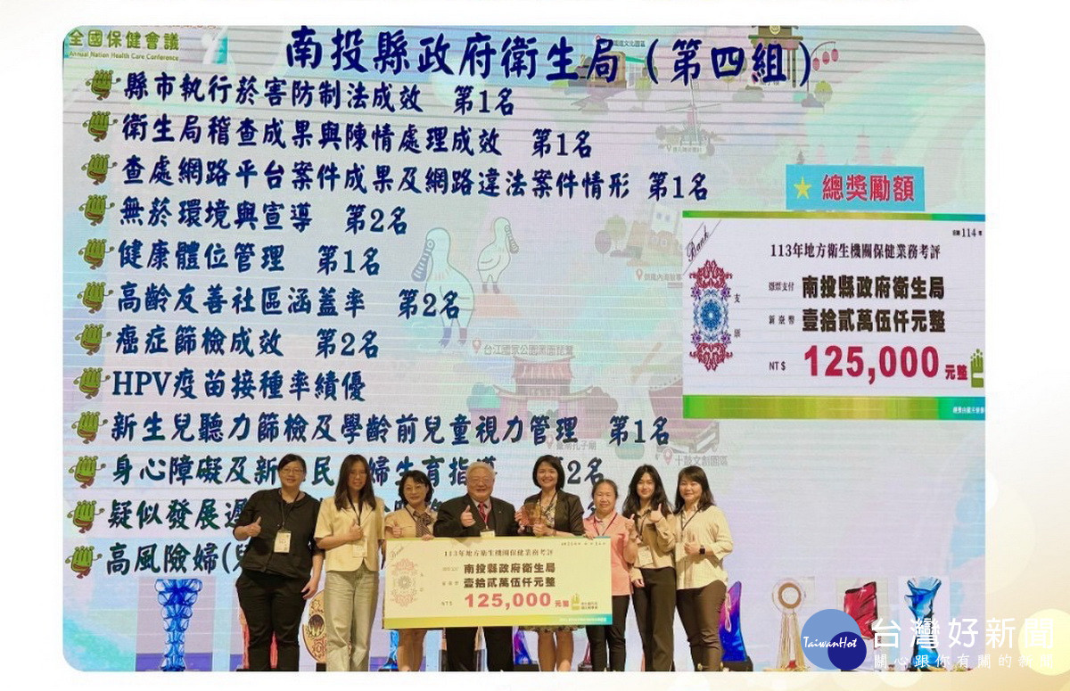 南投縣衛生局榮獲多項優等與業務績優獎。（衛生局提供）