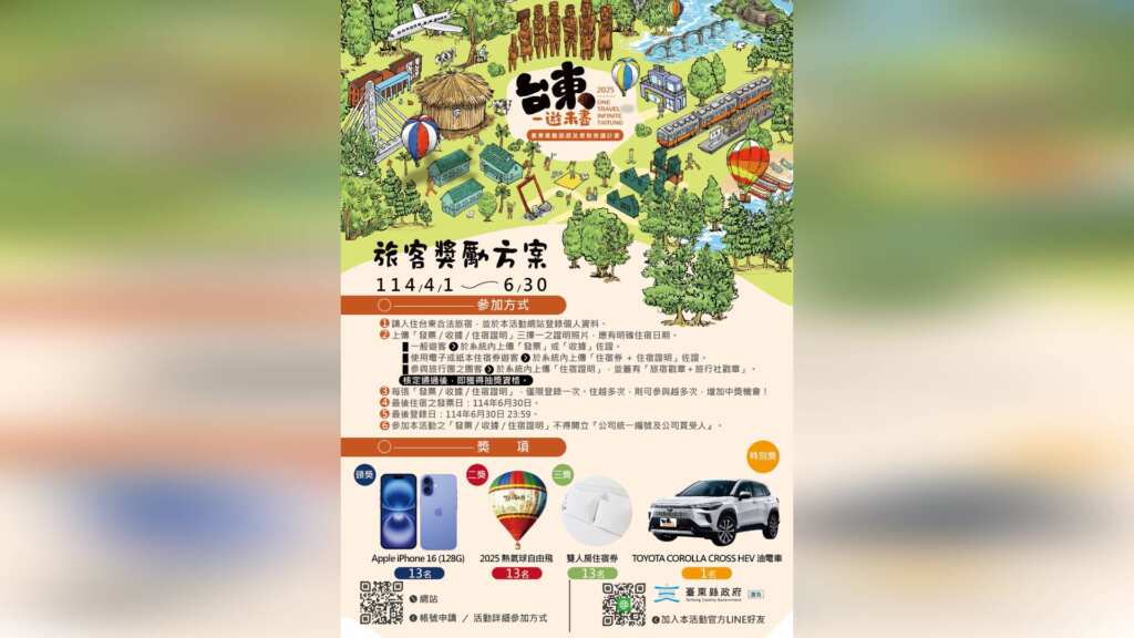 ▲臺東縣政府推出「台東一遊未盡-旅客抽大獎」活動,只要入住臺東合法旅宿並完成線上登錄,就有機會抽中超夢幻大獎。(台東縣政府提供)
