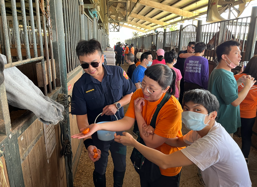 近距離接觸體驗馬術 折翼天使驚喜燦笑 3 《圖說》騎警隊員帶領障友們向馬匹餵食紅蘿蔔。〈警察局提供〉