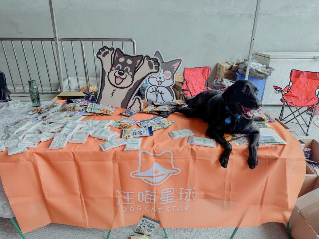 汪喵星球的物資贊助攤位，讓Tyfd-K9桃園搜救犬隊的搜救犬Emma忍不住跳上來，和毛英雄們一起分享補給！（圖／汪喵星球提供）