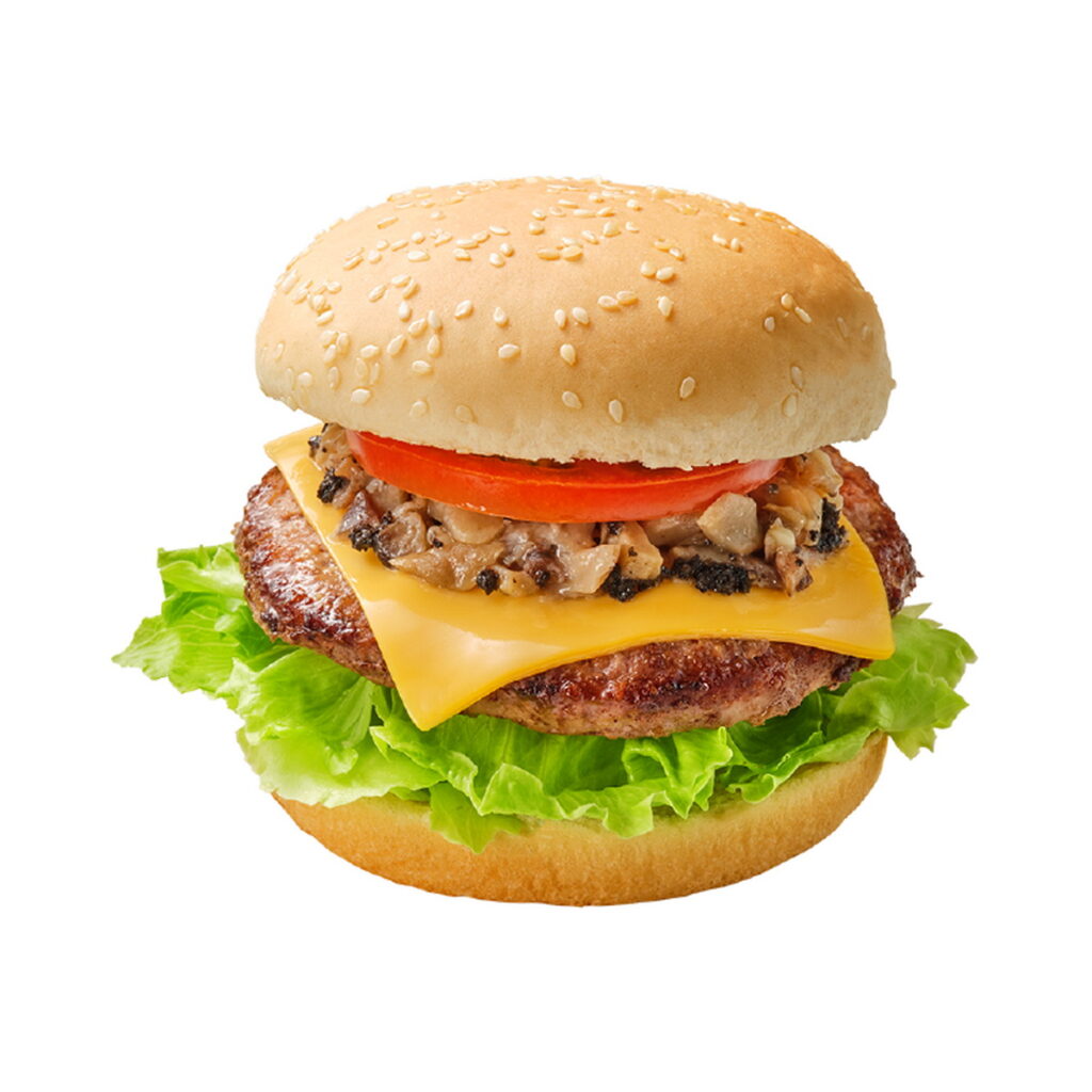 「黑松露蕈菇4oz厚牛堡」嚴選4盎司100%純牛肉現煎,為肉食愛好者首選,售價135元
