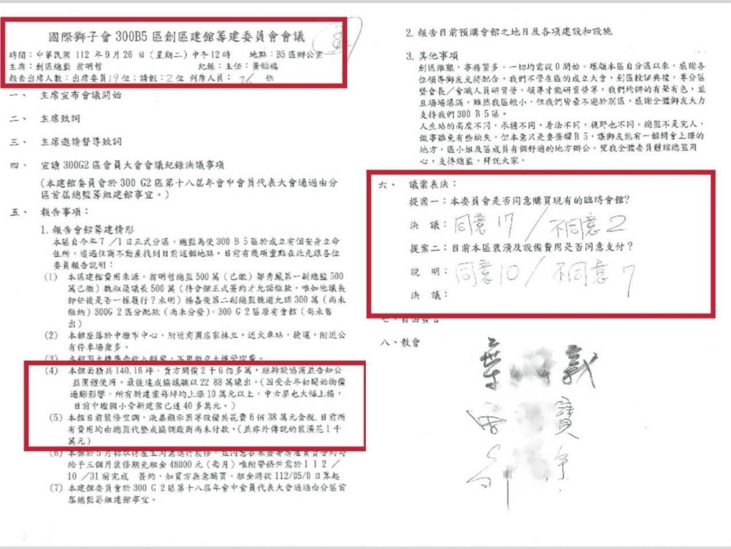 據爆料會員所提供的會議記錄顯示裝潢一案同意票數未過2/3門檻(19票需12票),狠狠打臉翁明哲購置會館及裝潢票數都有通過之說法。(圖/民眾提供)