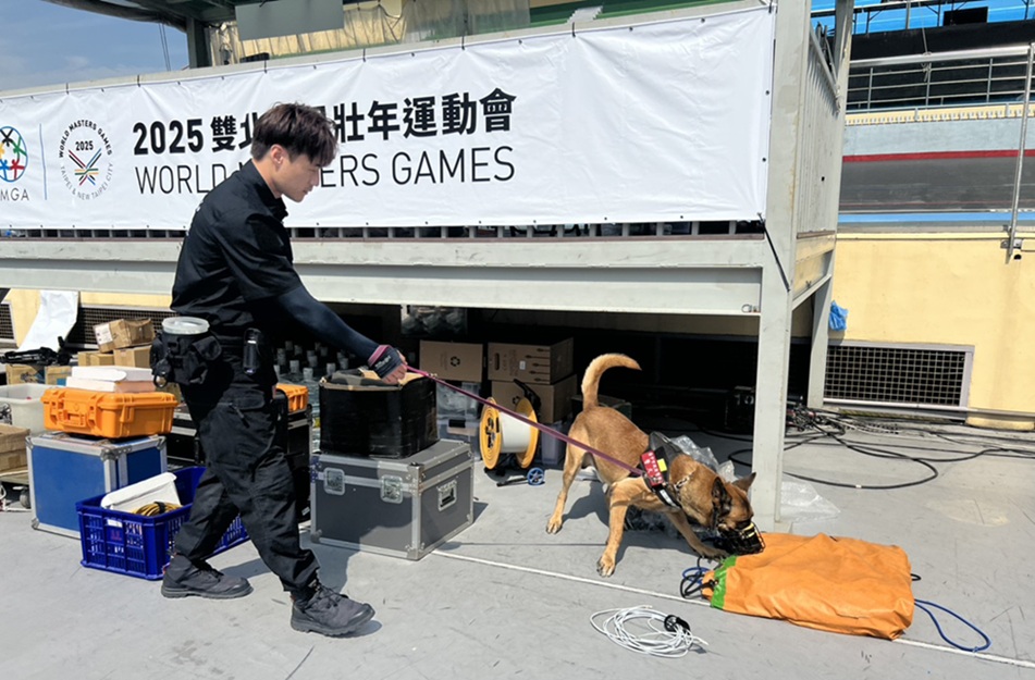 ▲圖說:中市警犬隊偵爆犬每日巡查觀眾席、選手區與場邊設施,逐一進行爆裂物偵測任務 (圖/台中市政府 提供)