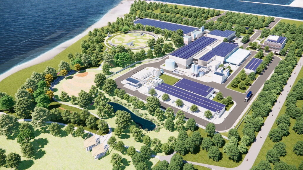 竹海水淡化廠3D模擬示意圖。廠區設計結合海岸景觀，成為節能低碳的濱海休憩公園。