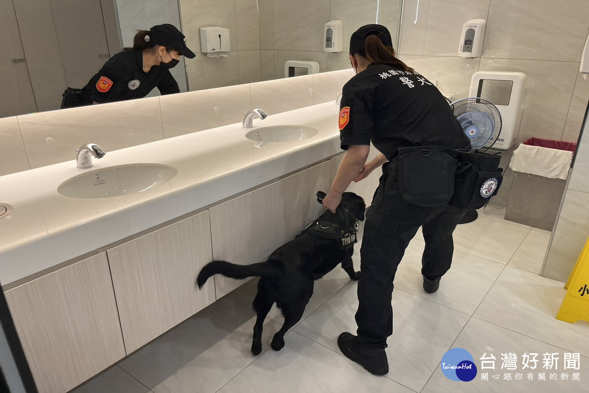 助世壯運高爾夫球安檢一臂之力,蘆竹警分局攜手警犬隊進行聯合安檢。