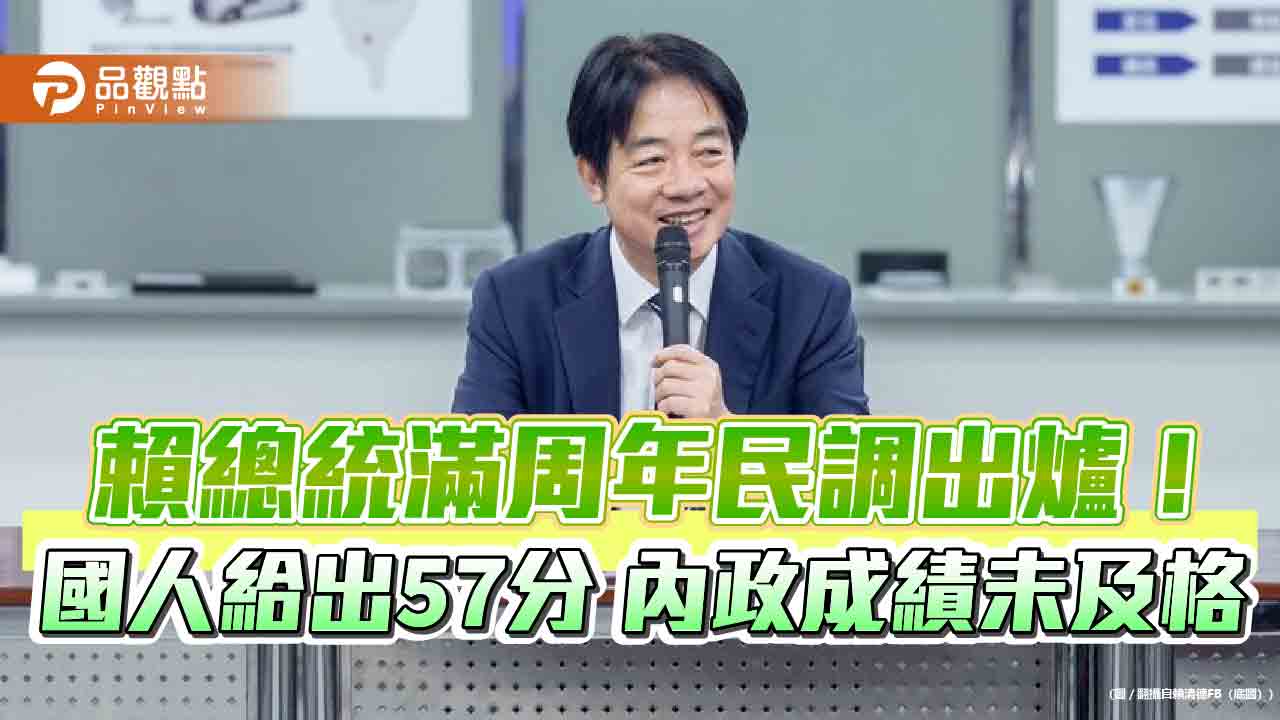 賴總統滿周年民調出爐!國人給出57分 內政成績未及格