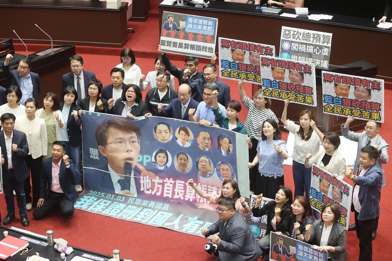 23日表決時,藍白挾人數優勢通過將民眾黨提案付委審查,民進黨團反對無效,在議場內高喊「就是藍白,惡砍預算,全民受害」等口號。中央社