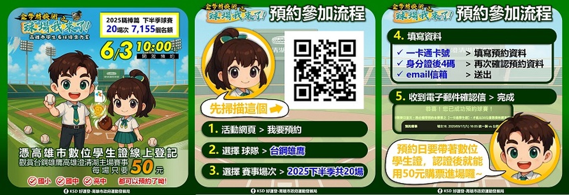 全新加入 高雄市國小學生也適用 「高雄市學生50元看球」優惠方案再升級職棒下半季預約6/3正式開放