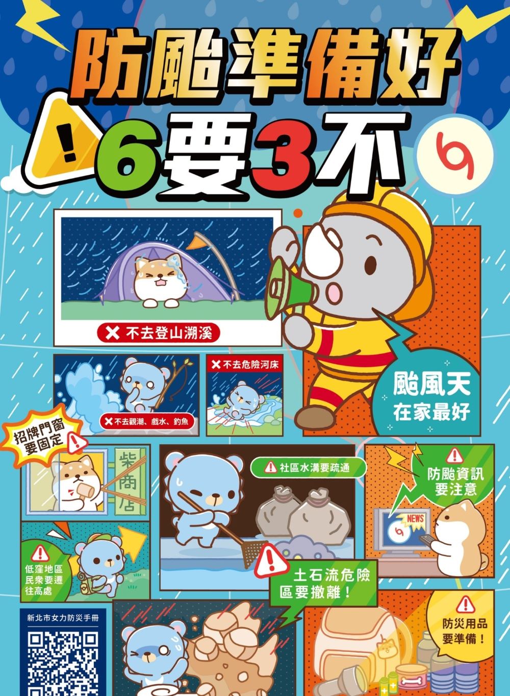 防災有備無患 新北消推賣場設置「防颱專區」 2 《圖說》颱風或豪大雨來臨時應遵守的「六要三不」。〈消防局提供〉