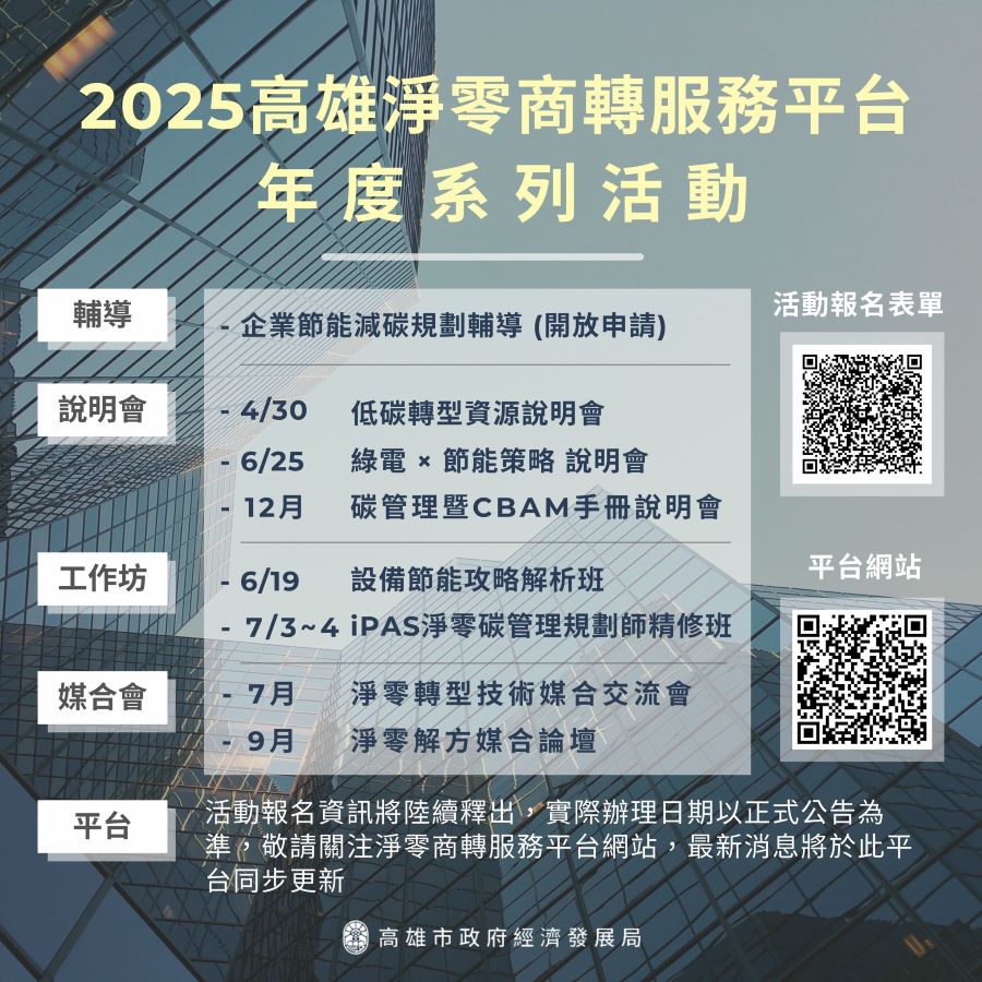 ▲114年度高市經發局「淨零商轉服務平台年度系列活動」陸續開跑,歡迎產業先進持續關注「淨零商轉服務平台」網站,相關活動資訊將同步更新於該平台。