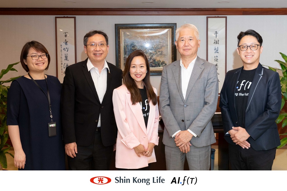 由左至右:新光人壽協理 洪牧慈、新光人壽副總經理 壽以祥、AIFT Enterprise 執行長 (CEO) Michelle Ip、新光人壽董事長魏寶生、AIFT 商務合作總監 Frank Liao