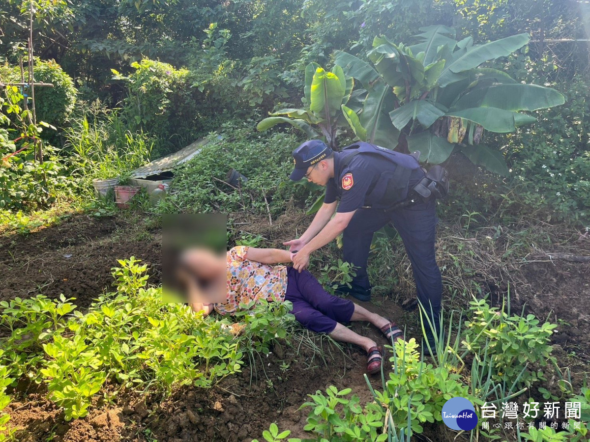 失智老婦清晨倒臥田埂旁，平鎮警及時救援助返家。