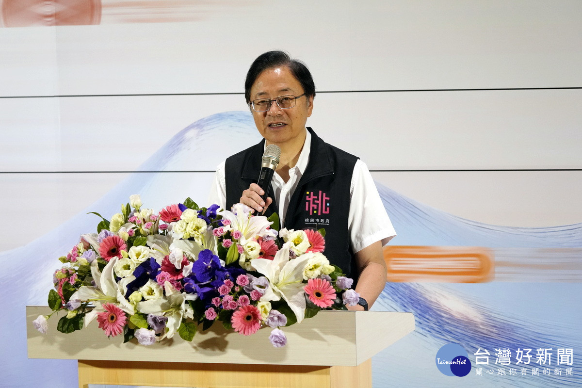 桃園市長張善政於「2025世界海洋日在桃園」展覽開幕式中致詞。<br /><br />