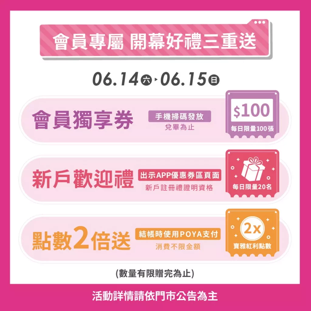 全新「寶雅中和景平店」6月14日(六)上午10點正式開幕,歡慶開幕,寶雅推出多項優惠回饋。