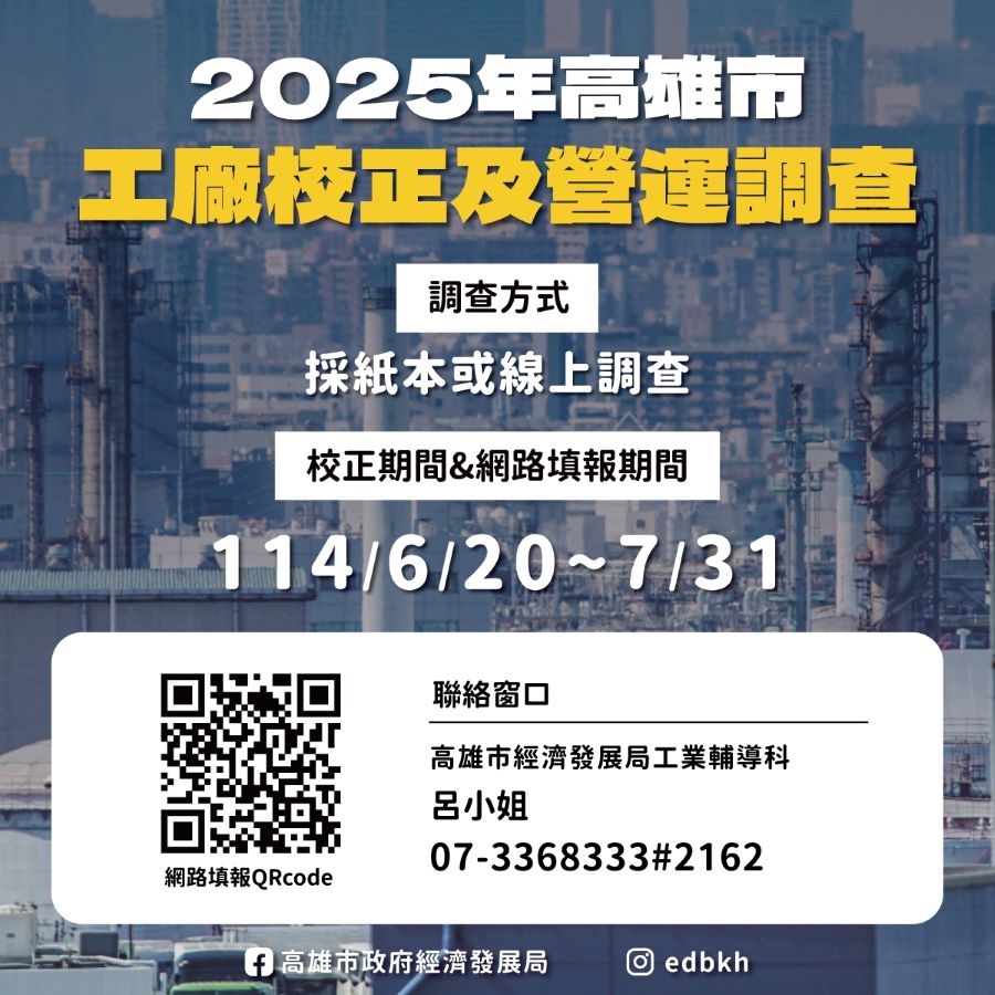 ▲高雄市政府將配合於6/20至7/31期間展開工廠校正及營運調查作業，呼籲業者可利用網路申報。