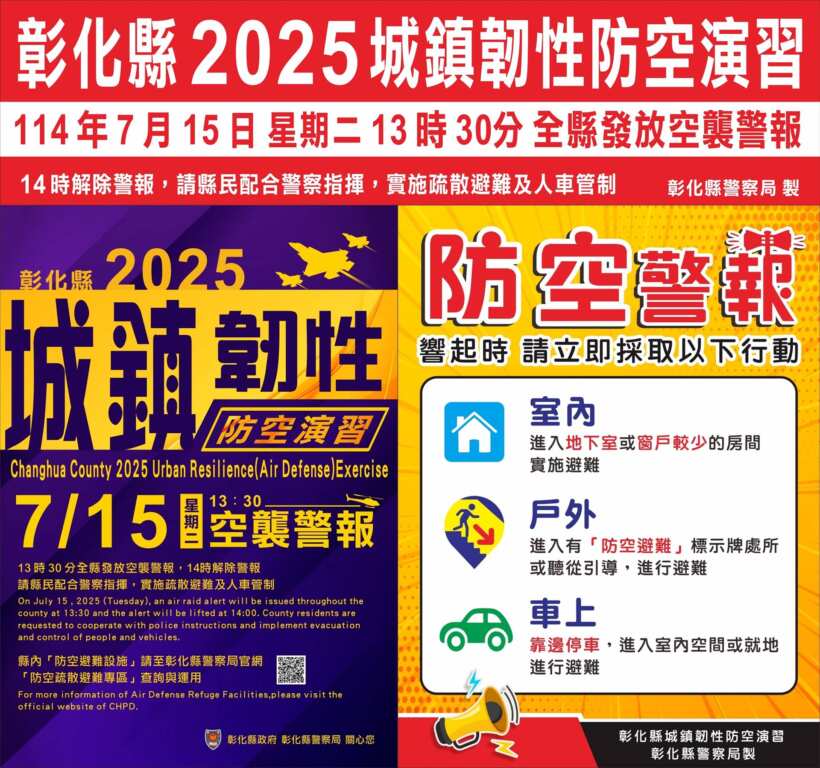 ▲彰化縣「2025城鎮韌性(防空)演習」訂於114年7月15日(星期二)下午1點30分發放「防空警報」,請縣民務必配合。(彰化縣政府提供)
