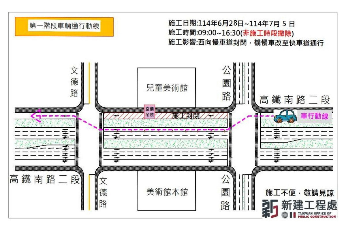 配合桃美館人行空橋吊裝作業，第1階段施工各路口位置示意圖。