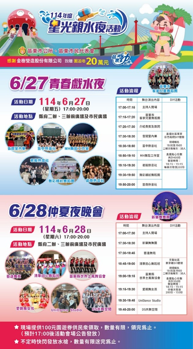 苗栗市民廣場戲水區6/27起開放        本週五六「星光親水夜」登場