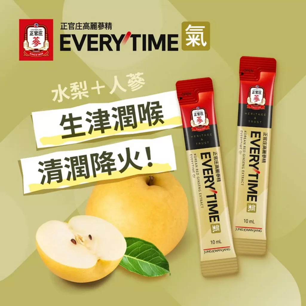 正官庄推出全新「高麗蔘精EVERYTIME氣」以清甜水梨風味搭配自然果香,入口潤甜滑順,宛如水梨果汁般清爽好喝。