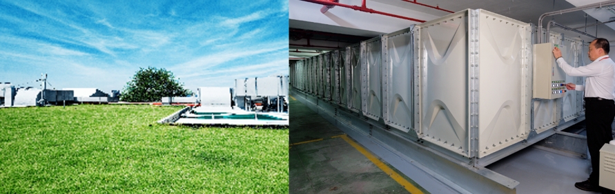 宏國大樓在樓頂設置綠屋頂,不僅有助降溫,同時回收雨水,並設置100噸的雨水回收槽,運用回收雨水沖廁,開啟水資源循環。圖/宏國建設五感十築提供