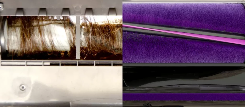 (左)它牌、(右)專利抗纏結毛刷滾輪,滾輪中的毛髮會自動往中央推進不纏結