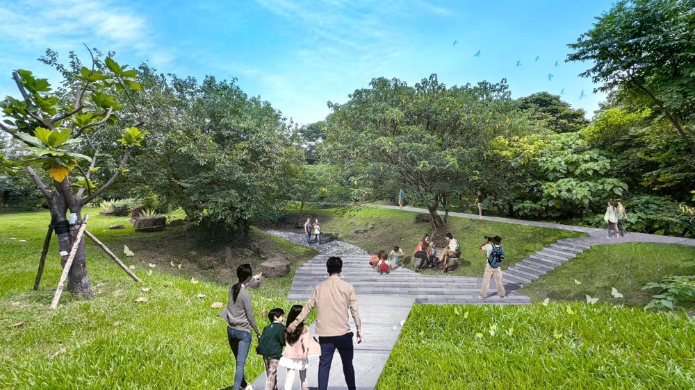 新店溪洲河濱公園優質水岸 CHILL LAND 趣悠天地年底完工 9 《圖說》善用林下滯洪空間打造下沉式廣場--模擬圖。〈高灘處提供〉