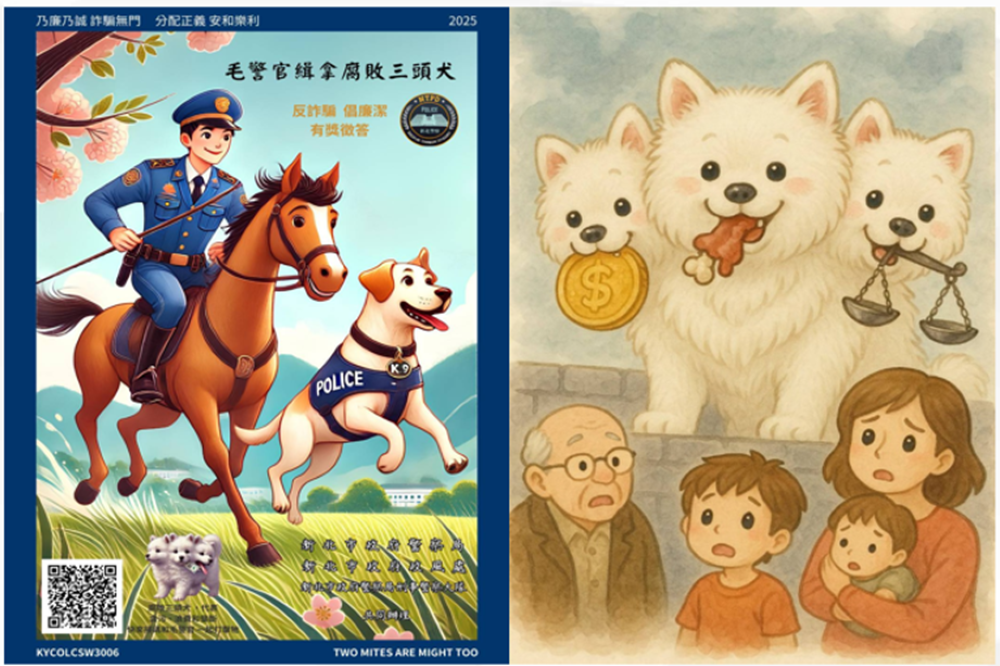 《圖說》藉由警犬對抗「腐敗三頭犬」之角色設計，來增進社會大眾對於破壞社會公義與和諧安定的腐敗現象的警覺及防範，示意圖、AI生成。〈警察局提供〉