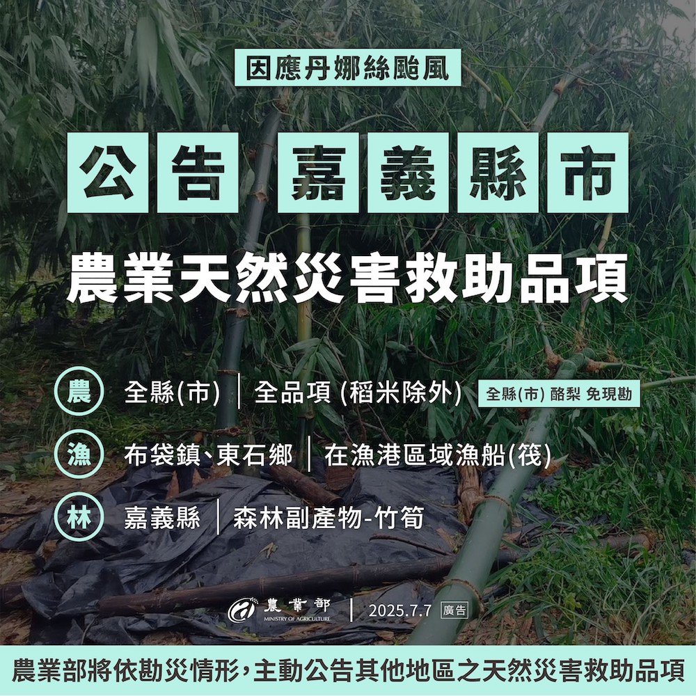 受丹娜絲颱風侵襲災害,嘉義縣農產業全品項(稻米除外)辦理現金救助及低利貸款。(圖/嘉義縣政府提供)