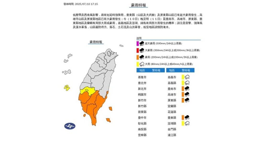 雨量達標+土石流警戒!高雄6行政區明日停班停課