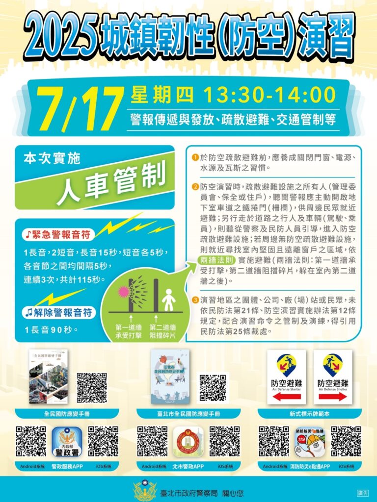 2025城鎮韌性 防空 演習首次舉行 臺北市全市實施人車交通管制 2 MEITU 20250710 152728341
