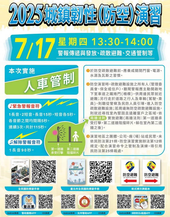 臺北市城鎮韌性演習7/17登場 呼籲民眾及旅客配合演習預做行程規劃