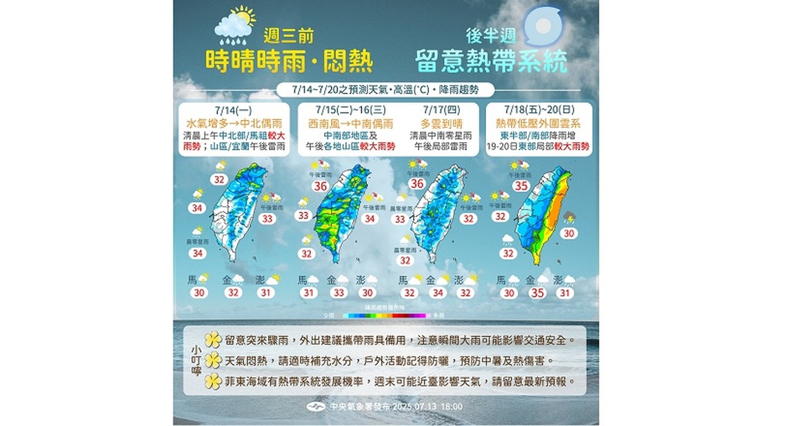 今日各地水氣增多 中南部明後天注意陣雨