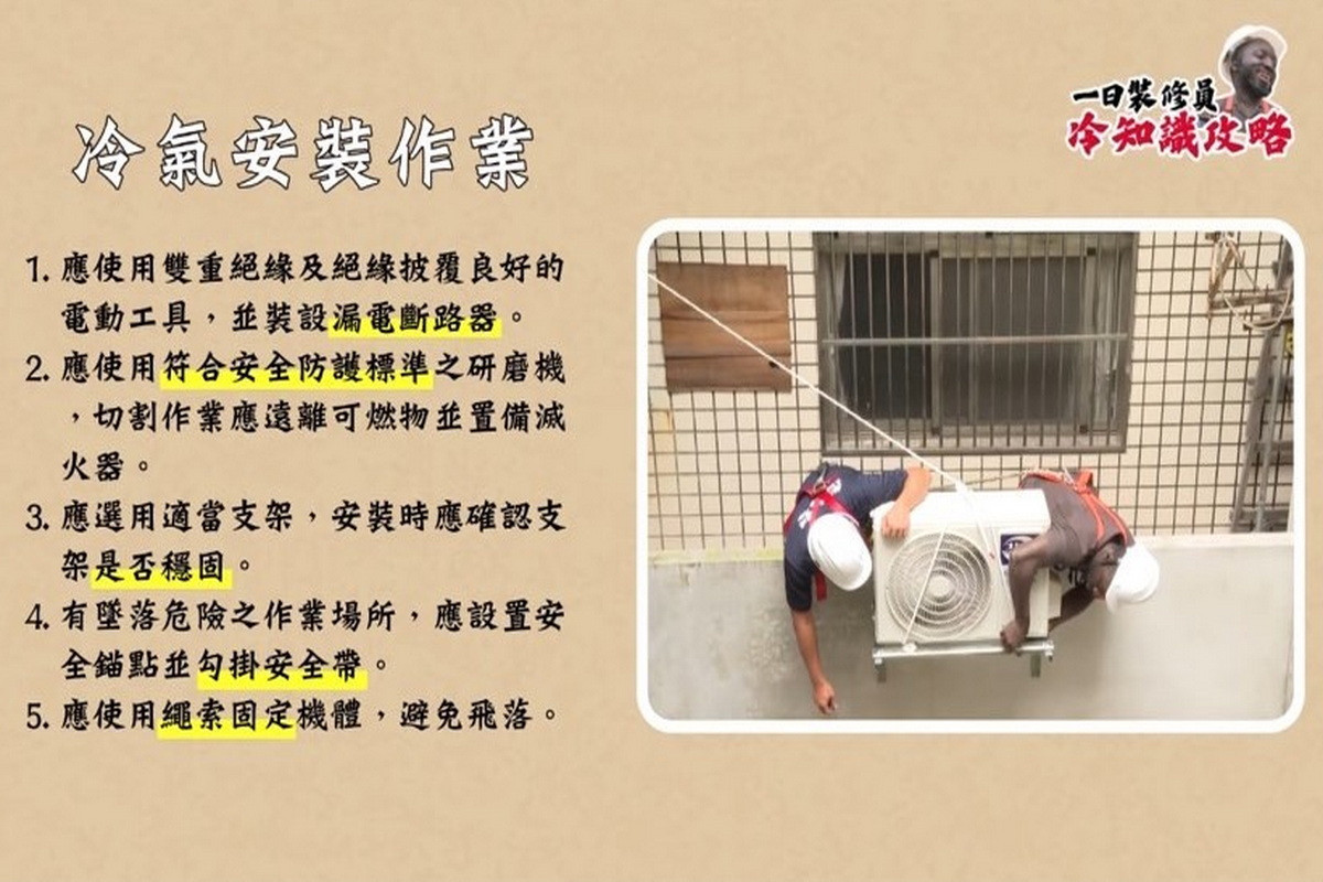 冷氣安裝作業風險高,桃市勞檢處籲遵循規定確保安全。<br /><br />