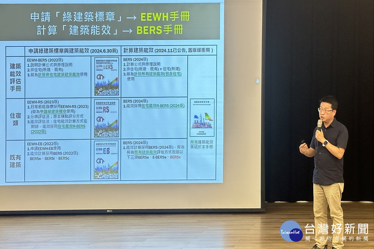 郭柏巖副教授介紹新建建築能效基準與評估作業流程。<br /><br />