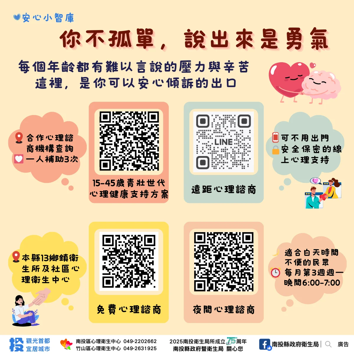 你不孤單說出來是勇氣-南投縣普設免費心理諮詢門診