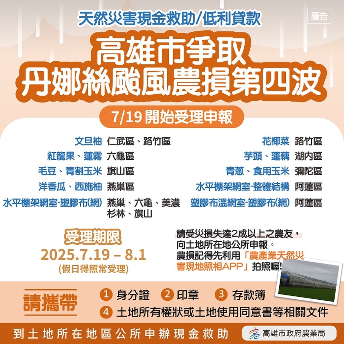 高雄市爭取丹娜絲颱風致災第四波農損救助 7/19起受理